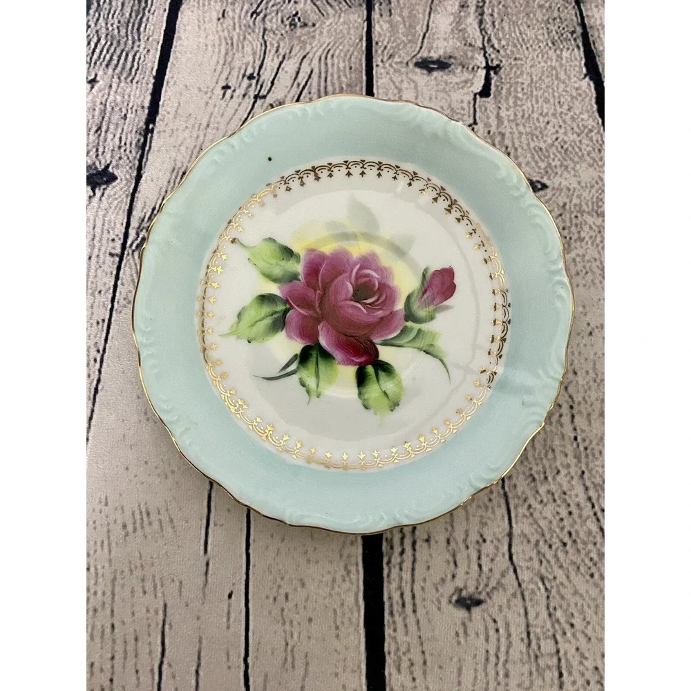 Vintage Hand Painted Rose Motif Japan Blue‎ Porcelain Teacup Gold Accents